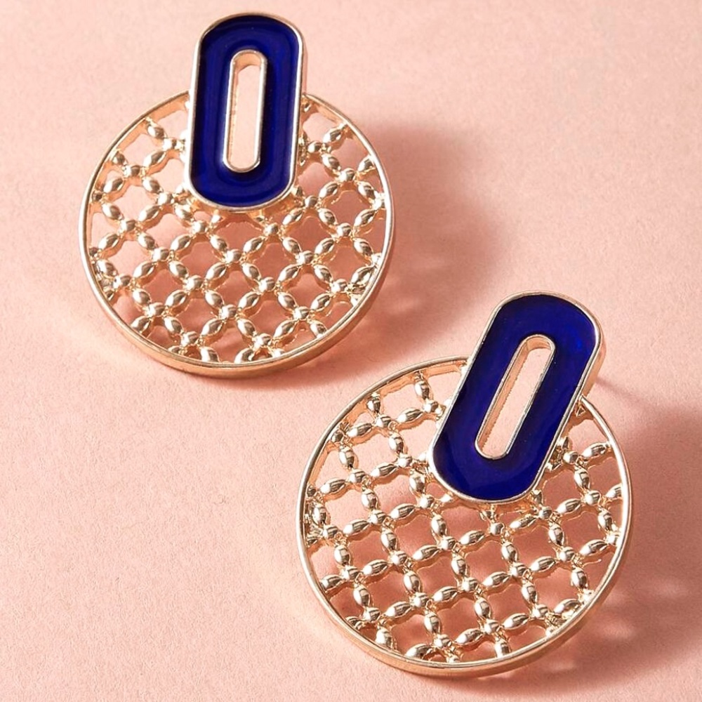 2/$20! Gold Lattice Stud Earrings w/Blue Enamel - Picture 2 of 8